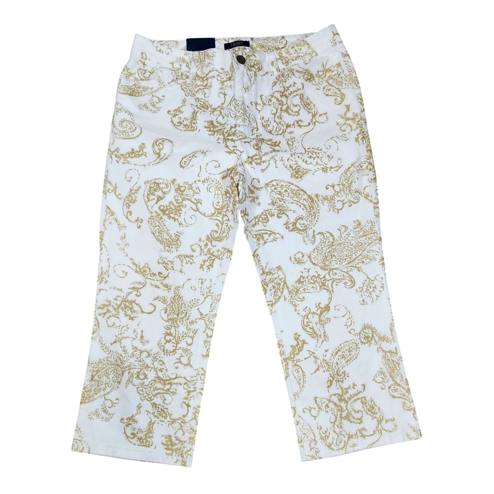Chaps Slimming Fit Pants Gold Paisley White Stretch‎ Cropped Casual Size 12
